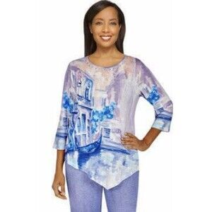 Alfred Dunner Women's Top Petite X-large Scenic Asymmetric crew neck, 3/4 sleeve